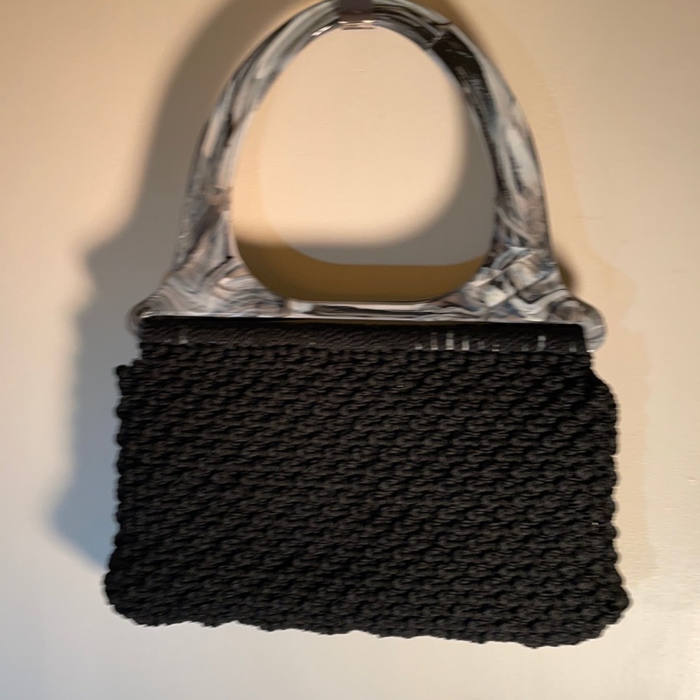 Macrame Purse Black White & Black Handles 8.5” x 13” Purse is 8.5” x 13”
